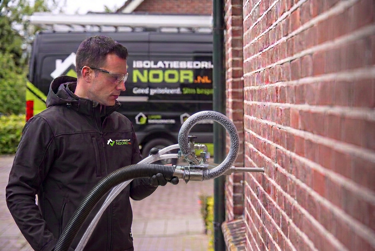 Isolatiespecialist van Isolatiebedrijf Noord brengt EPS-parels aan in een spouwmuur