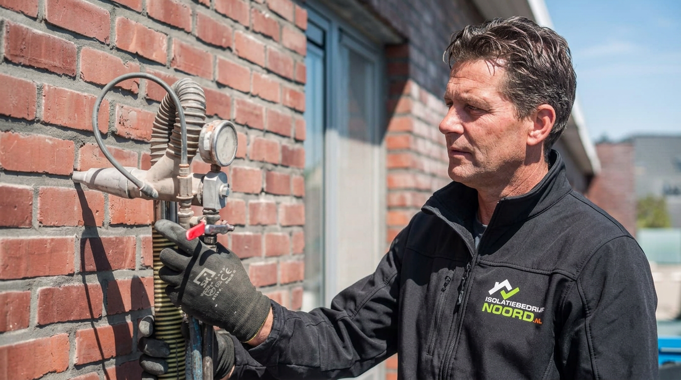 Monteur injecteert EPS-parels in een spouwmuur