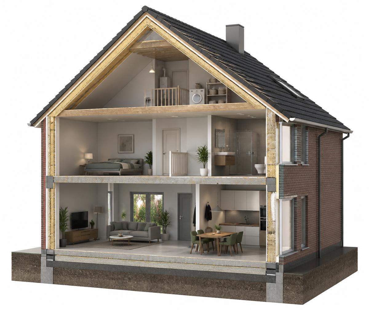 Doorsnede van een woning met alle isolatiemaatregelen